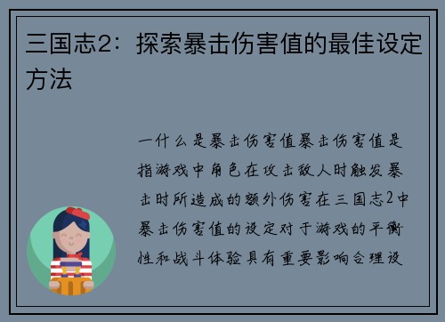 三国志2：探索暴击伤害值的最佳设定方法